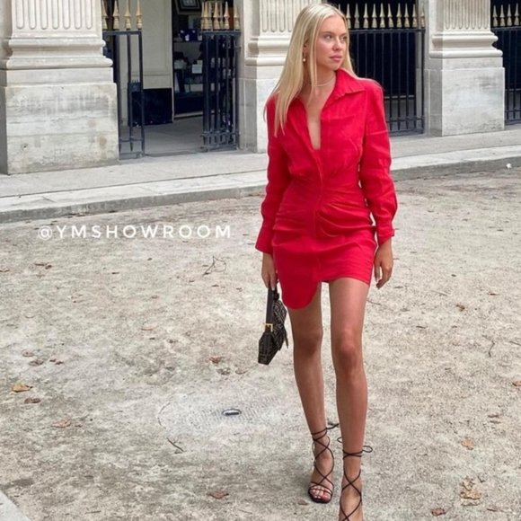 NEW ZARA LINEN BUTTON DOWN SHIRT DRESS WITH RUCHING RED LONG SLEEVE SIZE XL - Picture 4 of 5